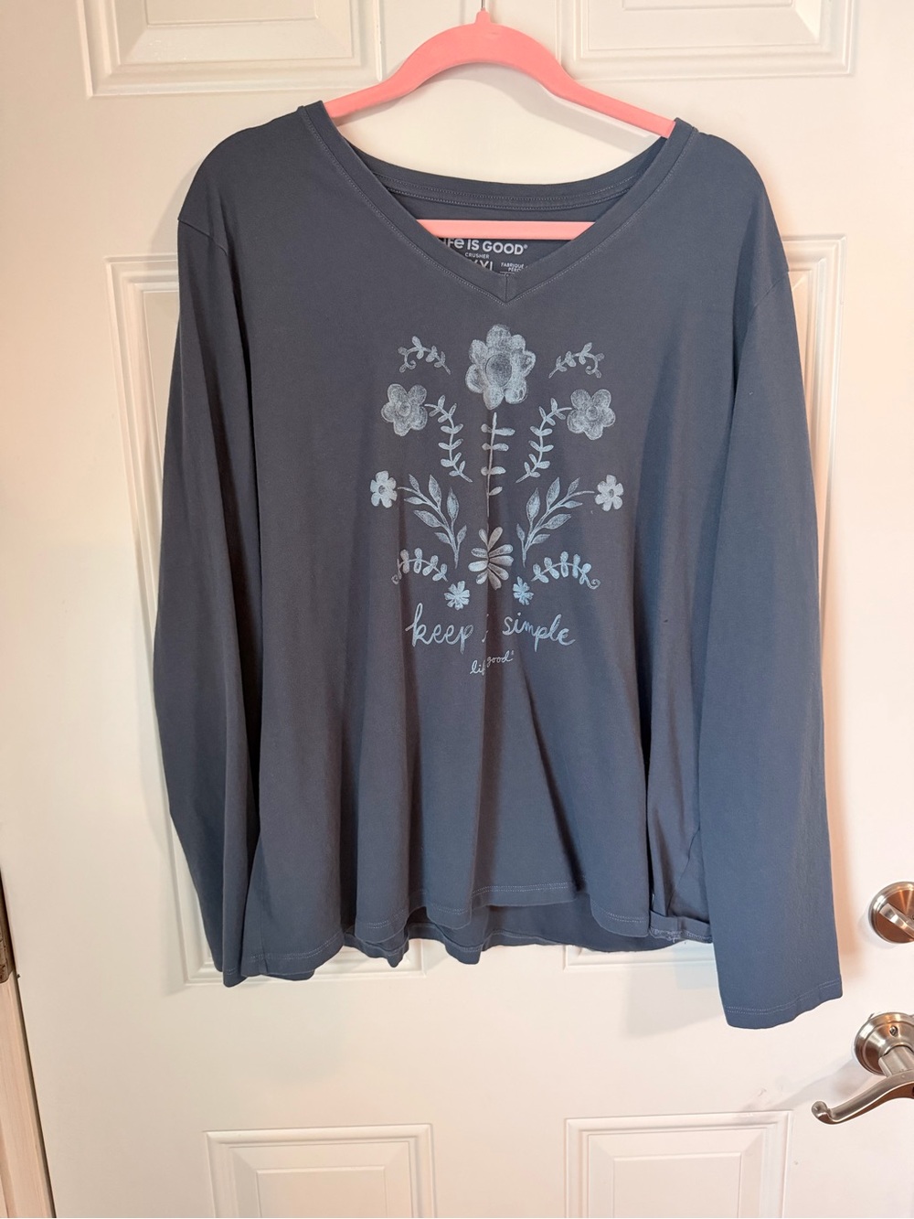 Life Is Good Slate Blue Long-Sleeve V-Neck Floral Tee